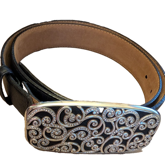 BRIGHTON Black Leather Belt with Silver Filagree Buckle Size 36 Made in USA - Picture 2 of 4